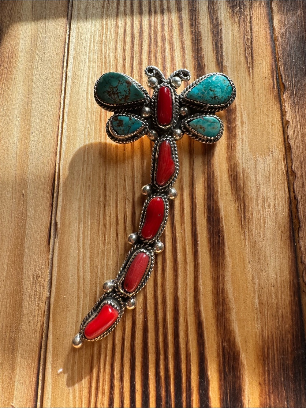 Turquoise & Red Coral Dragonfly Statement Pendant